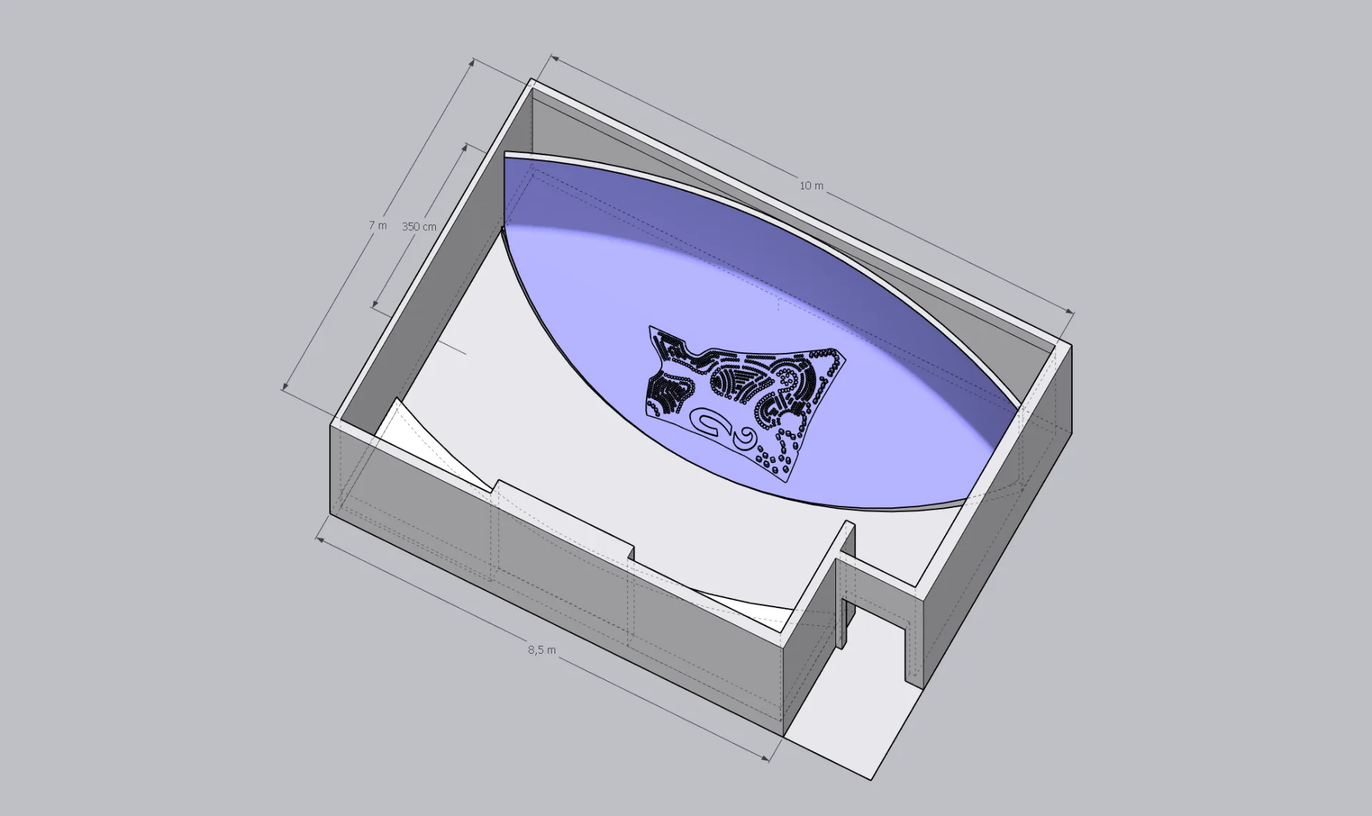 3D plan of the showroom with the concave screen
