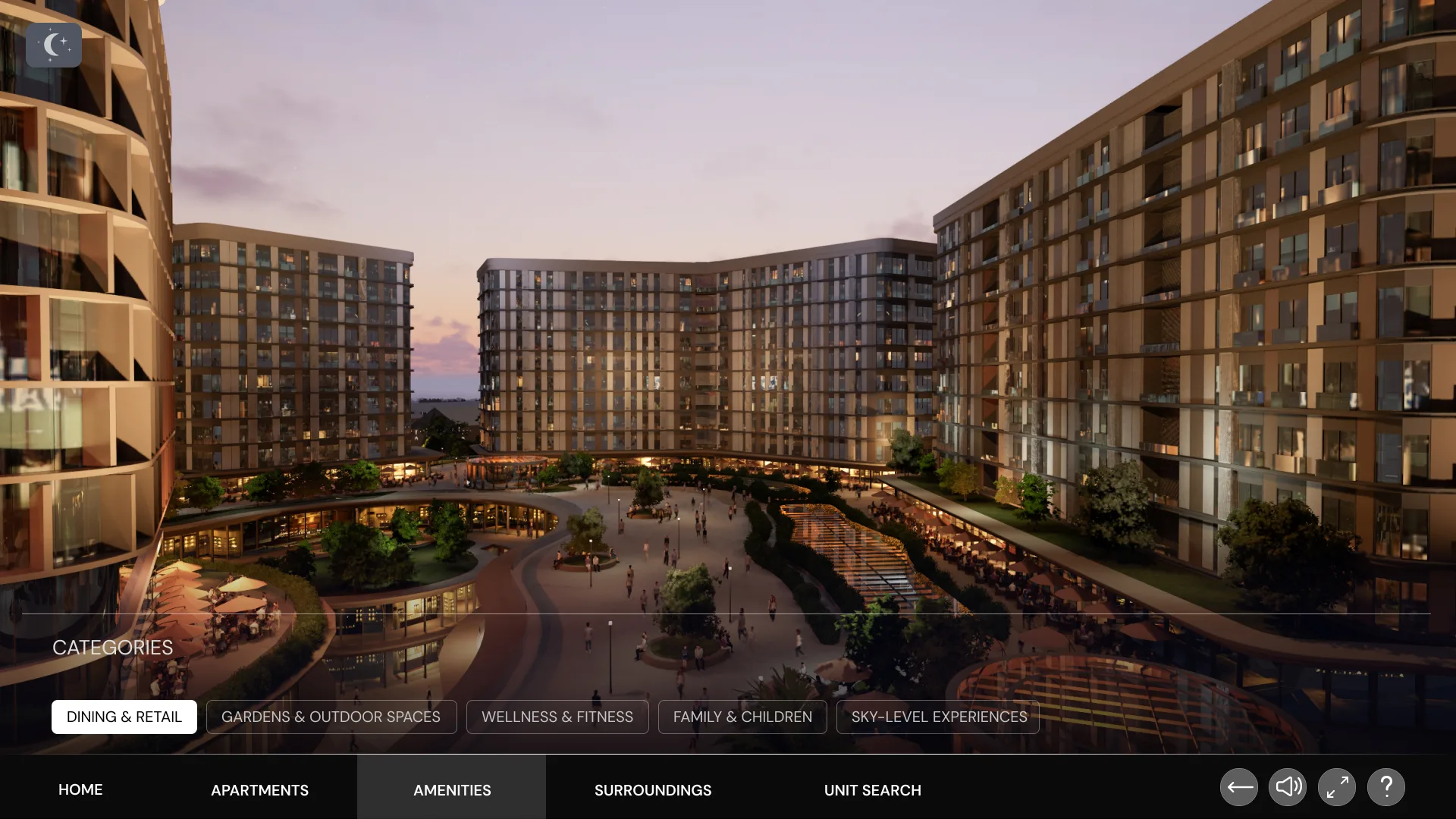Digital twin interface, amenities courtyard