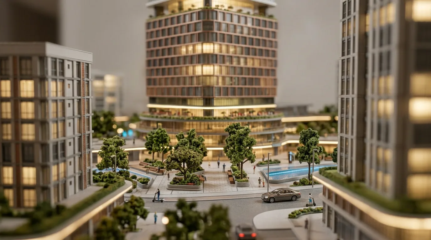Scale model, illuminated tower and residences