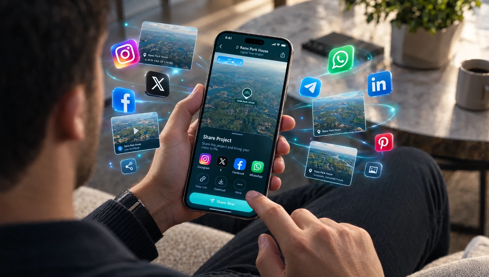 Sharing the project from a phone to WhatsApp, Instagram, LinkedIn and more