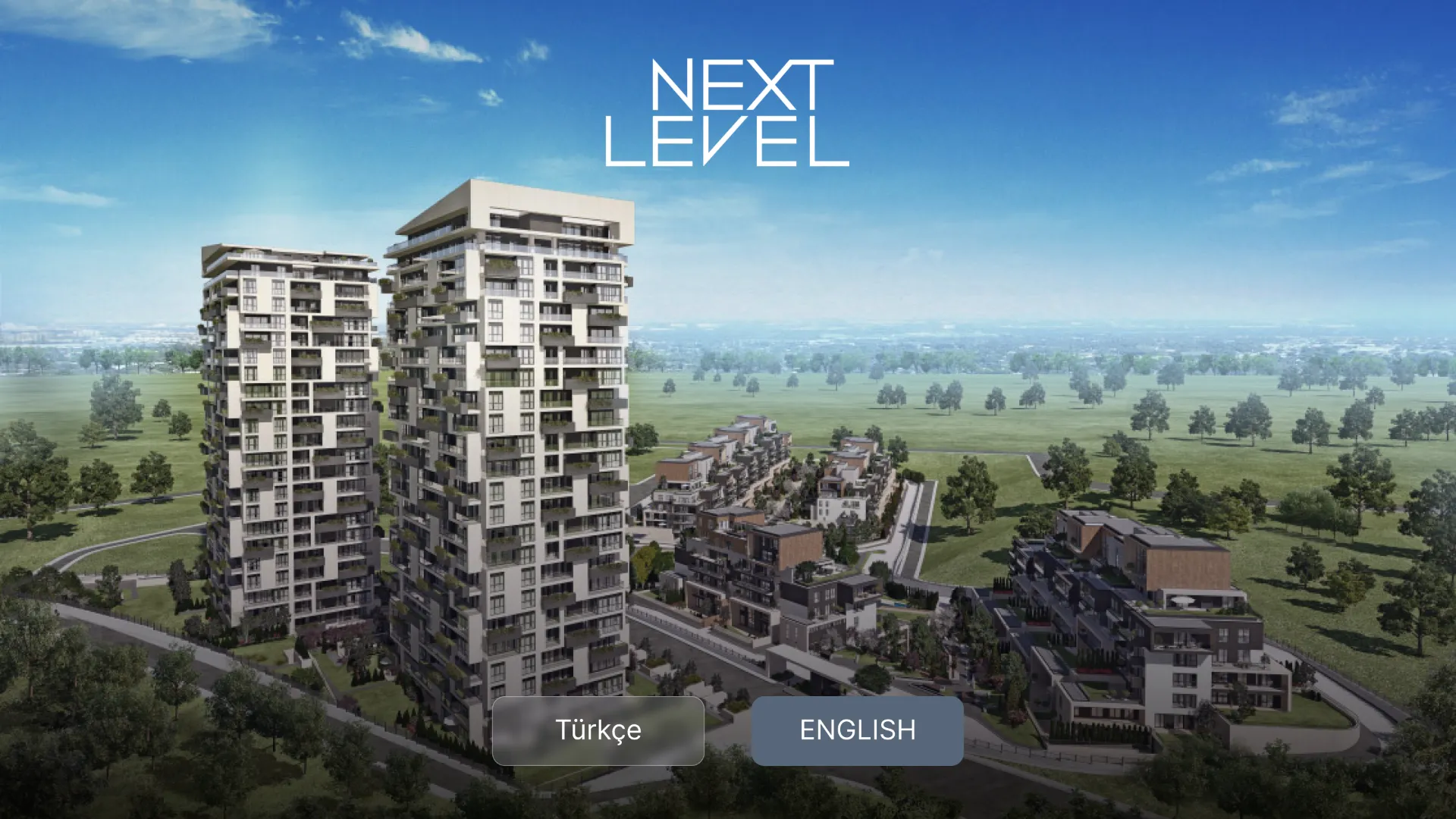 Next Level start screen with language selection