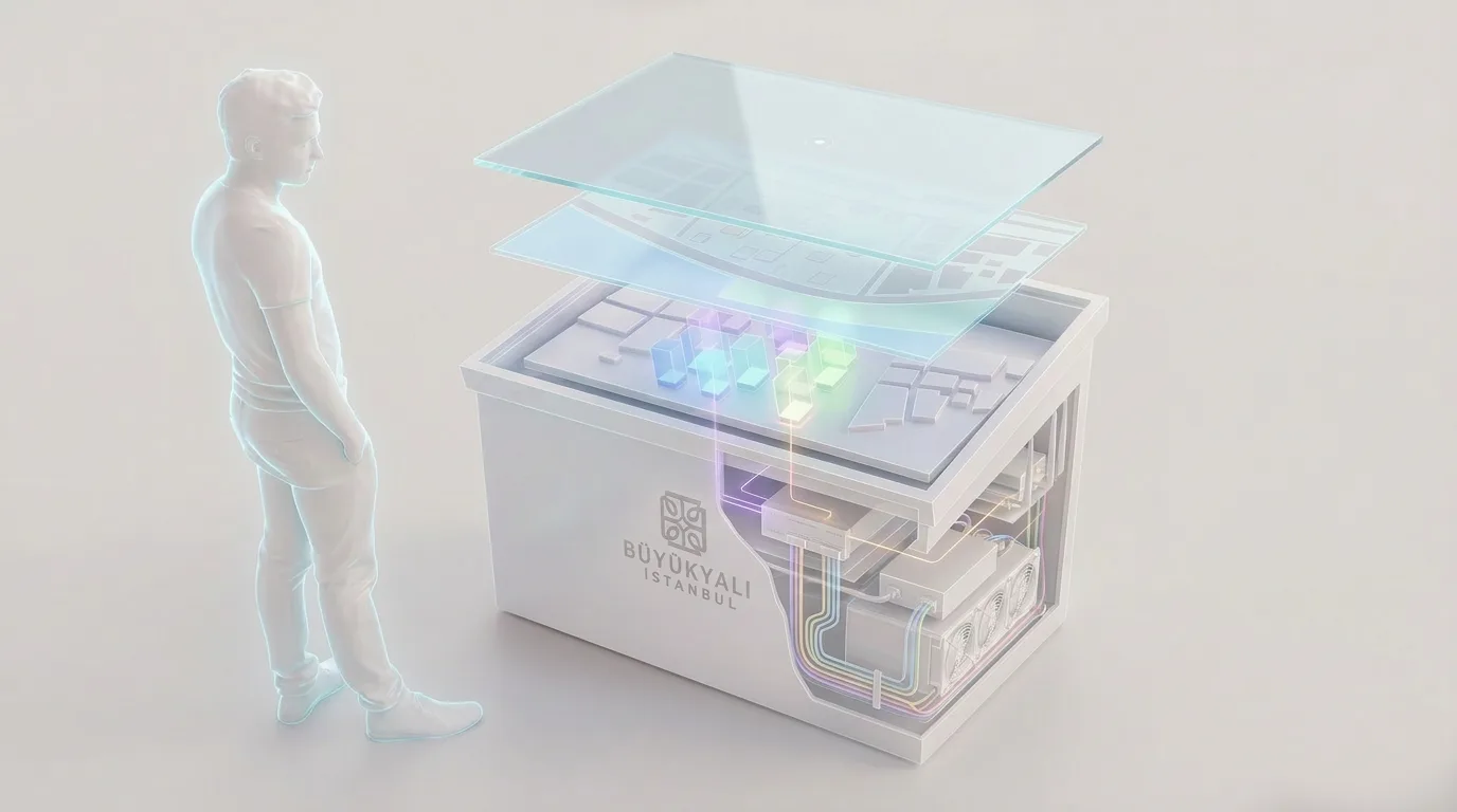 Exploded view of the scale model table and its screen layers