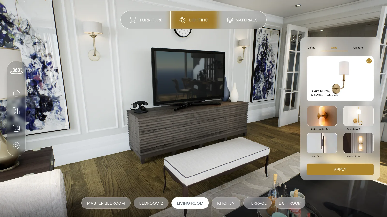 Living room lighting options in the interior configurator